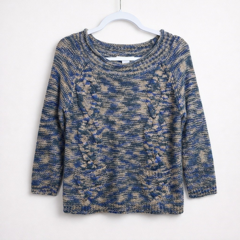 Blue Wool Blend Chunky Cable Knit 3/4 Sleeve Sweater S Roll Hem Light Academia